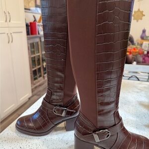 Vince Camuto Dark Brown Croc-Embossed Heeled Boots